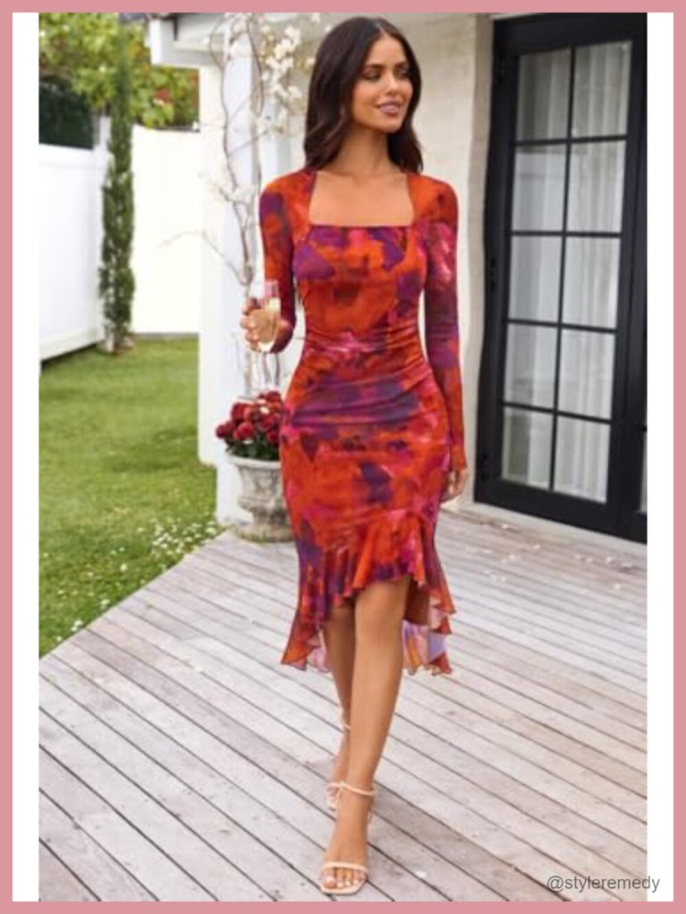 Women's Long Sleeve Bodycon Midi Dress Square Neck Ruched Side Mesh Floral - Picture 3 of 6